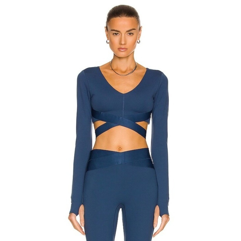 Le Ore Corso‎ Crossover Long Sleeve Top, Blue Night View Built-In Bra, XS